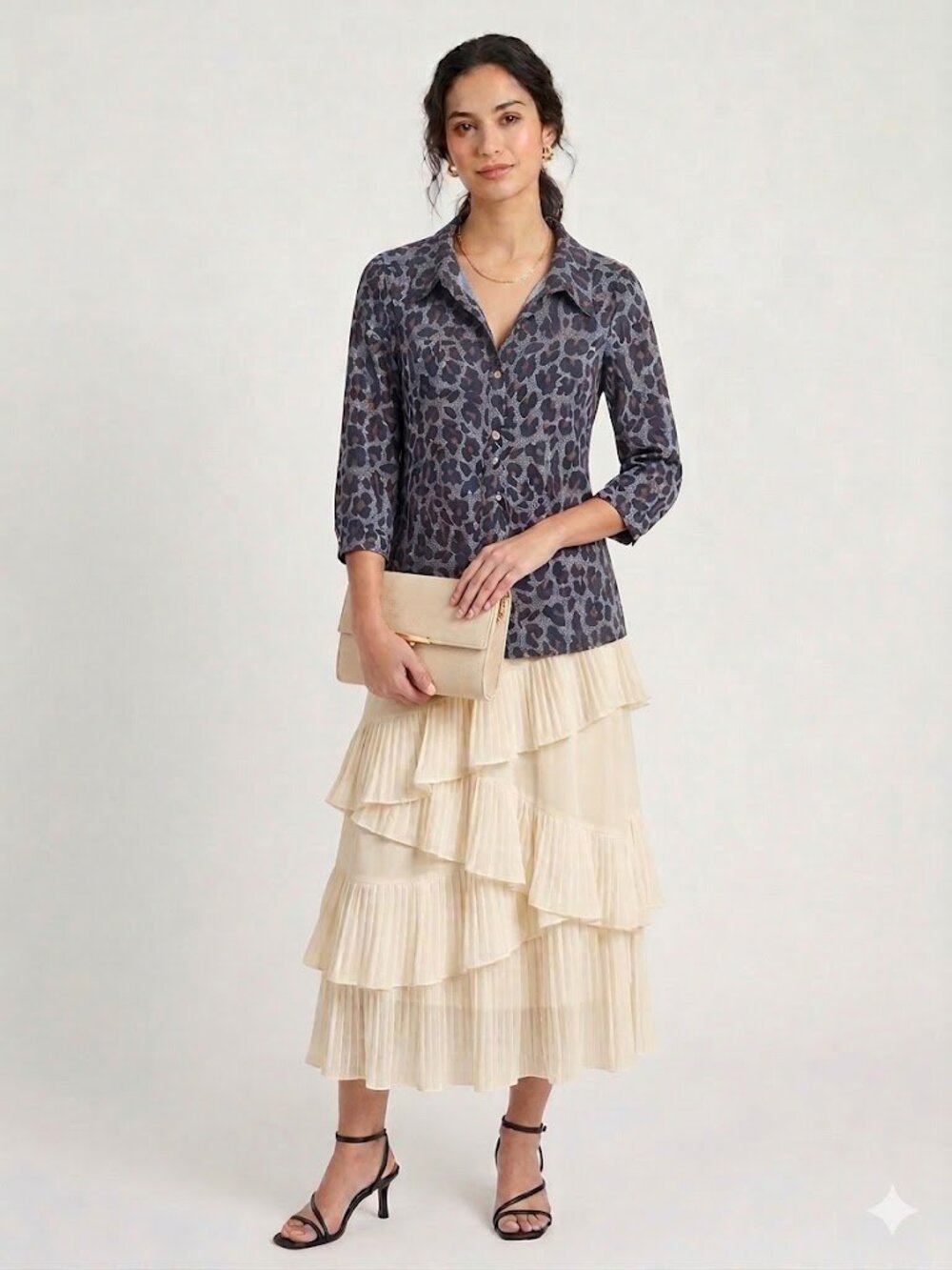 Tempo Paris Made in Italy Leopard Print Button-Up High Low Woman's Top